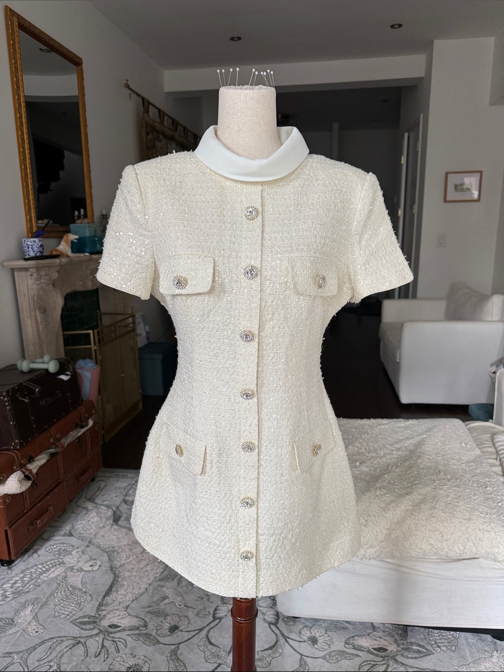 Self Portrait Cream Boucle Collared Mini Dress / PETITE / NWOT, but tailored